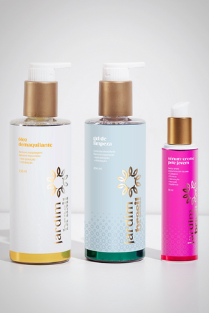 Kit Jardim Brasil para pele jovem e limpa, com gel, serum e óleo visíveis na imagem lateral do kit de cuidados faciais.