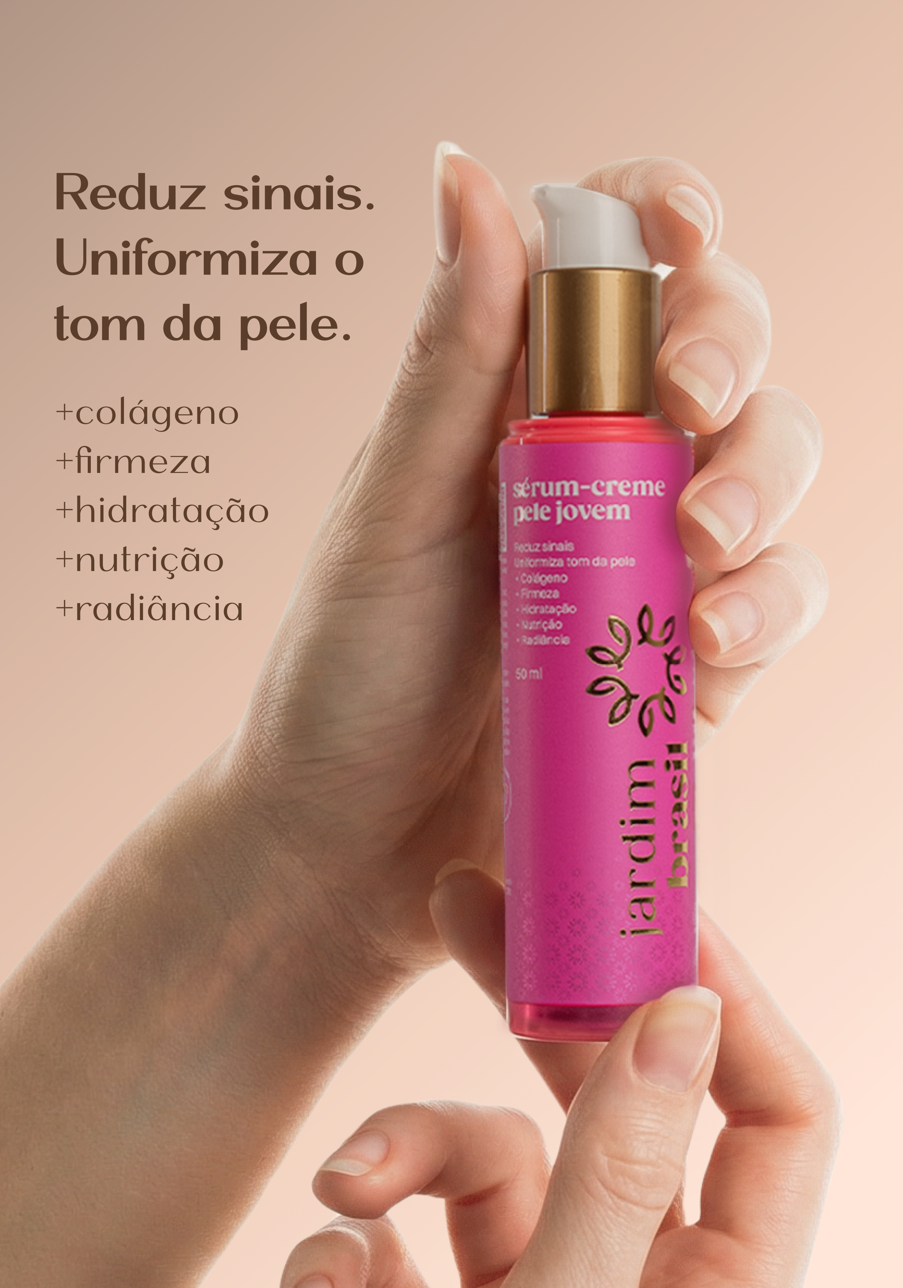 Sérum-Creme Pele Jovem da Jardim Brasil, dermocosmético, frasco com creme para revitalizar a pele e reduzir sinais de envelhecimento.