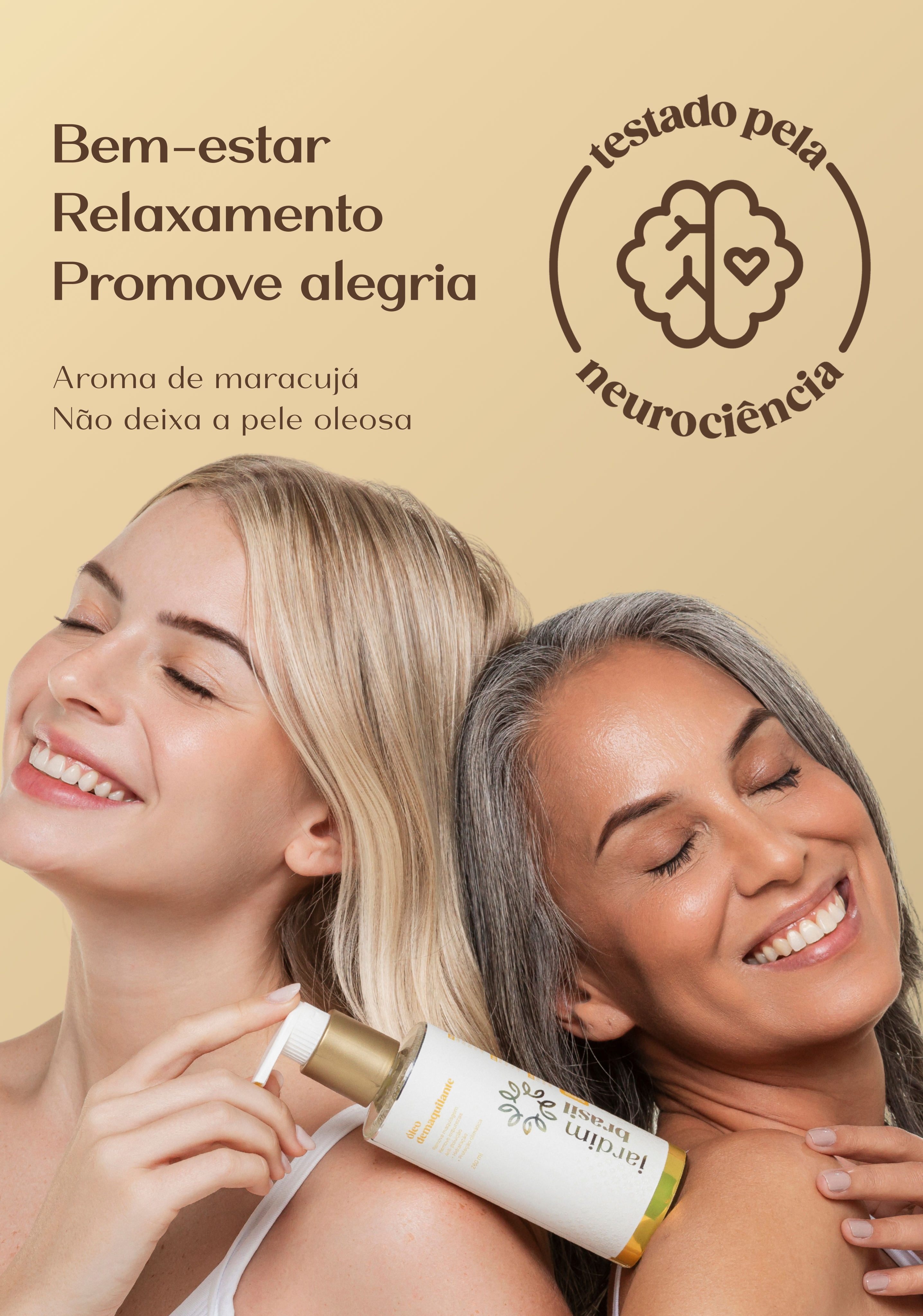 Óleo demaquilante Jardim Brasil, dermocosmético, frasco com produto transparente, ideal para remover maquiagem e limpar a pele.