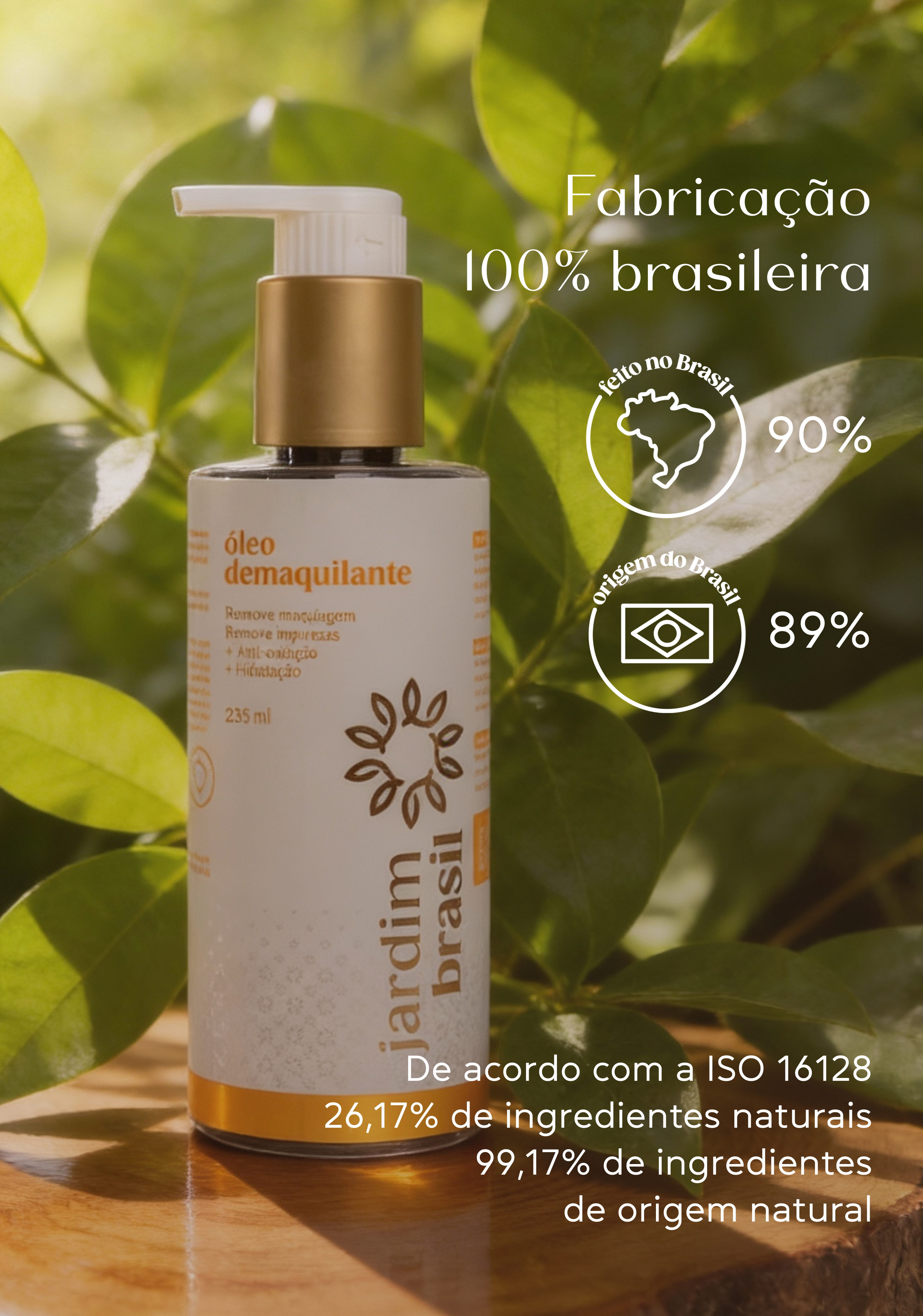 Óleo demaquilante da Jardim Brasil, dermocosmético, frasco transparente com pump, ideal para remover maquiagem e impurezas da pele.